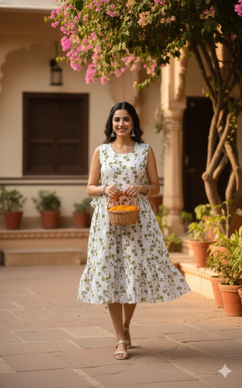 Women Midi/ Calf Gown White Colour , Floral design