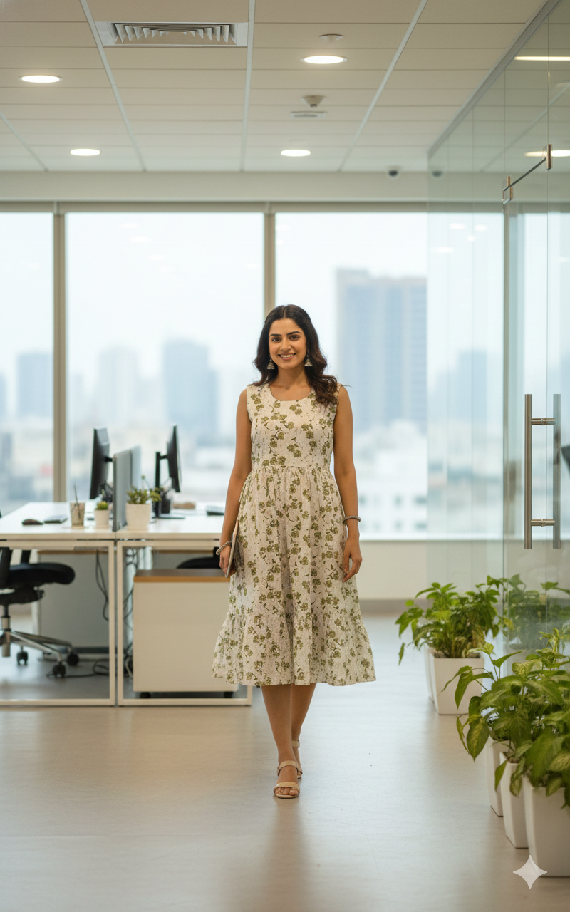 Women Midi/ Calf Gown White Colour , Floral design