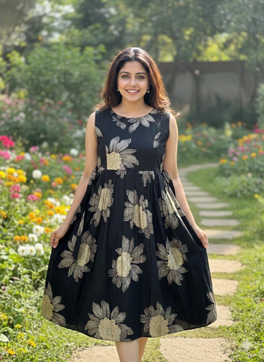 Women Midi/ Calf Gown Black Colour , Floral design