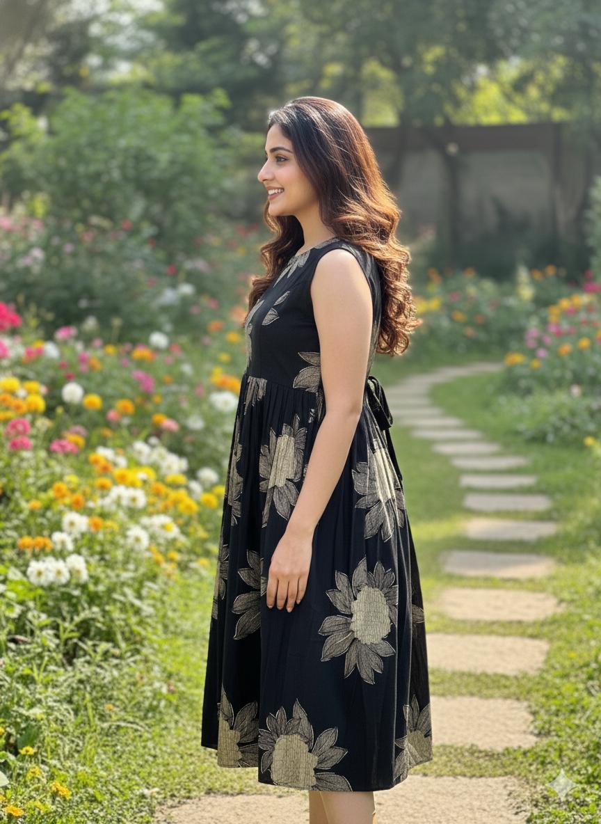 Women Midi/ Calf Gown Black Colour , Floral design