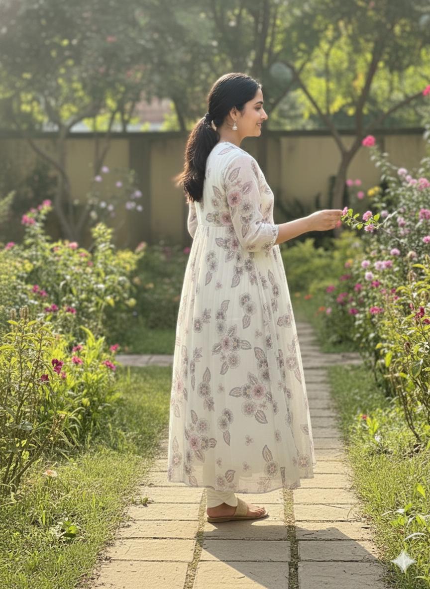 Women , White Cord-set , White pants with Floral Design ( V Neck )